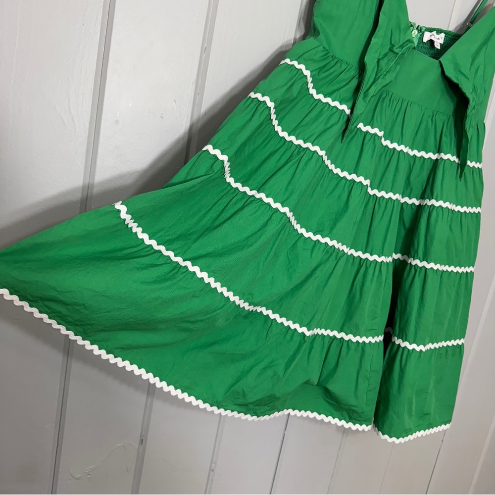 Moodie Green Babydoll Mini Dress Flare Ric Rac Trim Tie Front Smocked Back Large - Picture 11 of 15